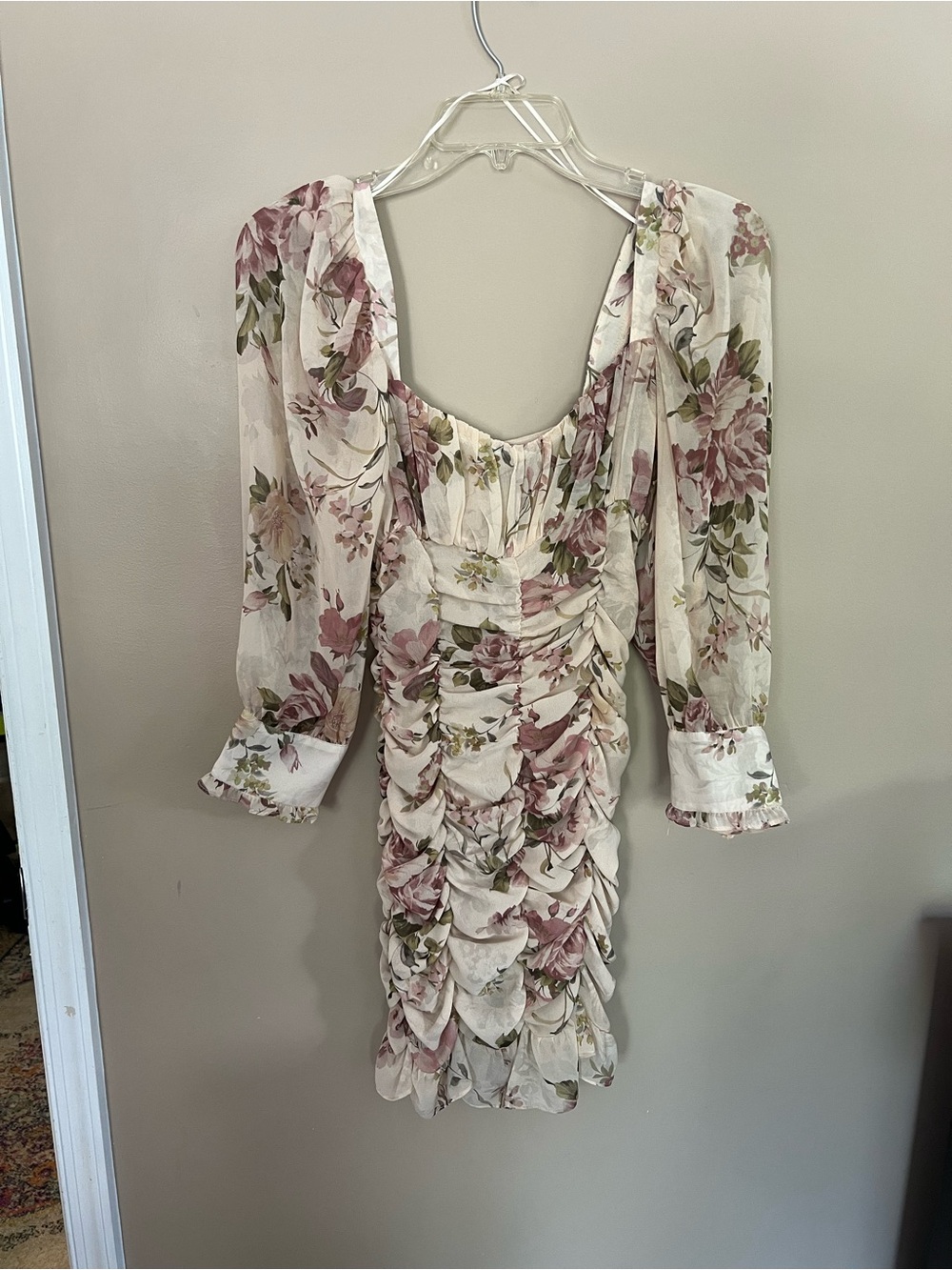 Zara Cream Floral Ruched Mini Dress with Pink and Green Flowers